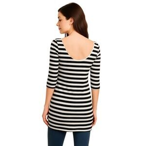 Vintage‎ Bebe Tunic Top S Striped Tunic Scoop Neck Short Sleeve Shoulder Pad